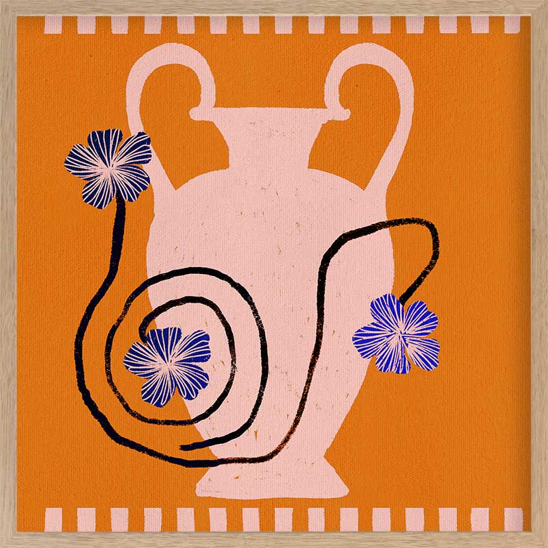 Soft pink Grecian-style vase with swirling black stems and purple blooms on a vivid orange background with a pale pink checkered border, from the Shatha collection with Urban Road.