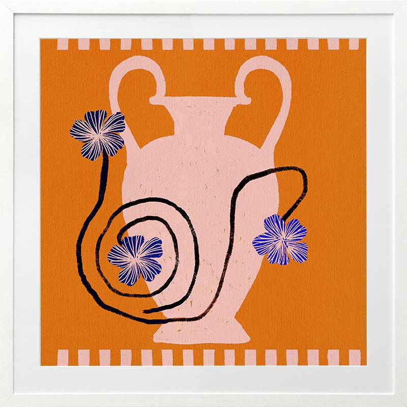 Soft pink Grecian-style vase with swirling black stems and purple blooms on a vivid orange background with a pale pink checkered border, from the Shatha collection with Urban Road.