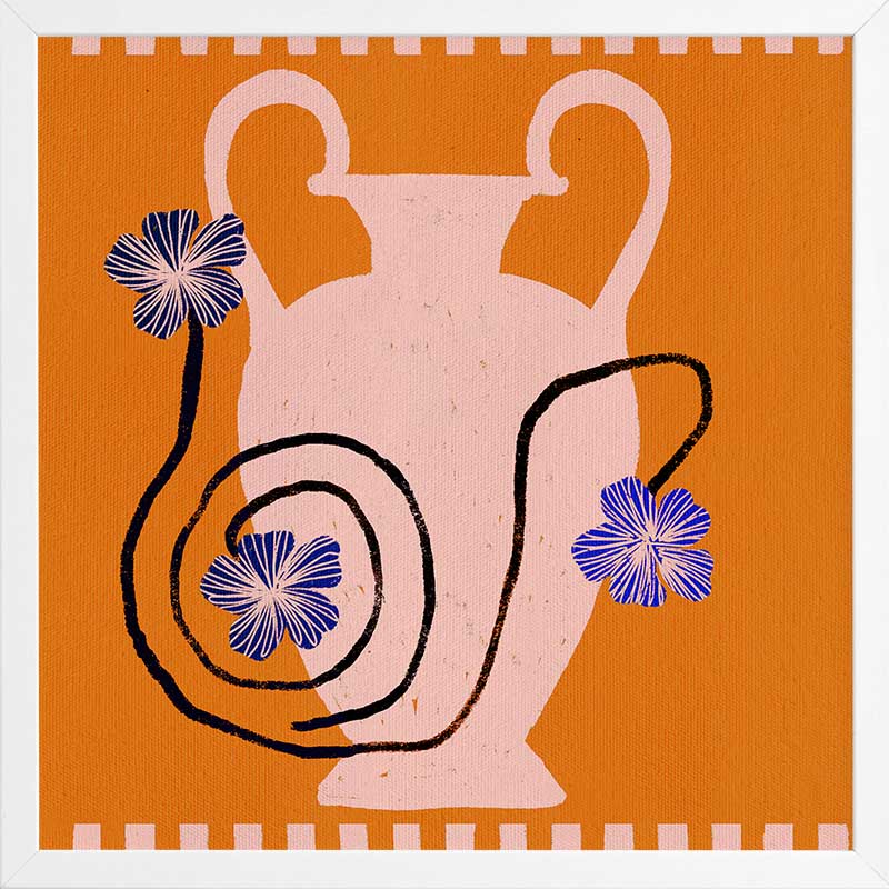 Soft pink Grecian-style vase with swirling black stems and purple blooms on a vivid orange background with a pale pink checkered border, from the Shatha collection with Urban Road.