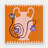 Soft pink Grecian-style vase with swirling black stems and purple blooms on a vivid orange background with a pale pink checkered border, from the Shatha collection with Urban Road.