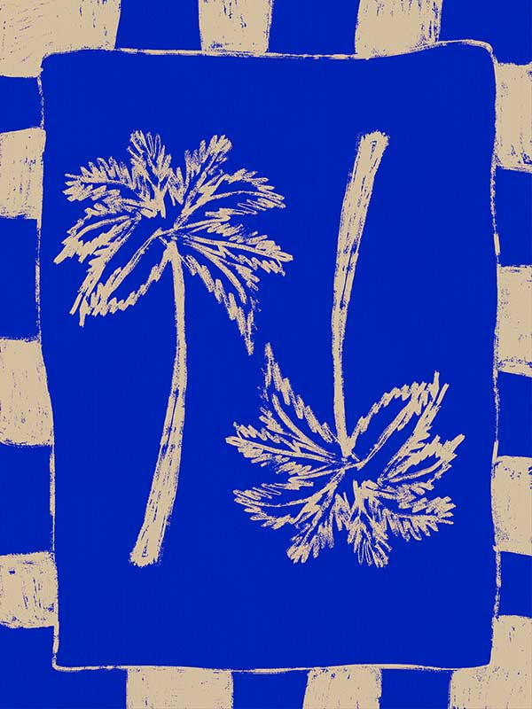 Vibrant coastal-inspired artwork featuring two cream palm trees with sweeping fronds on a bold cobalt blue background with a striped border, from the Shatha collection with Urban Road.