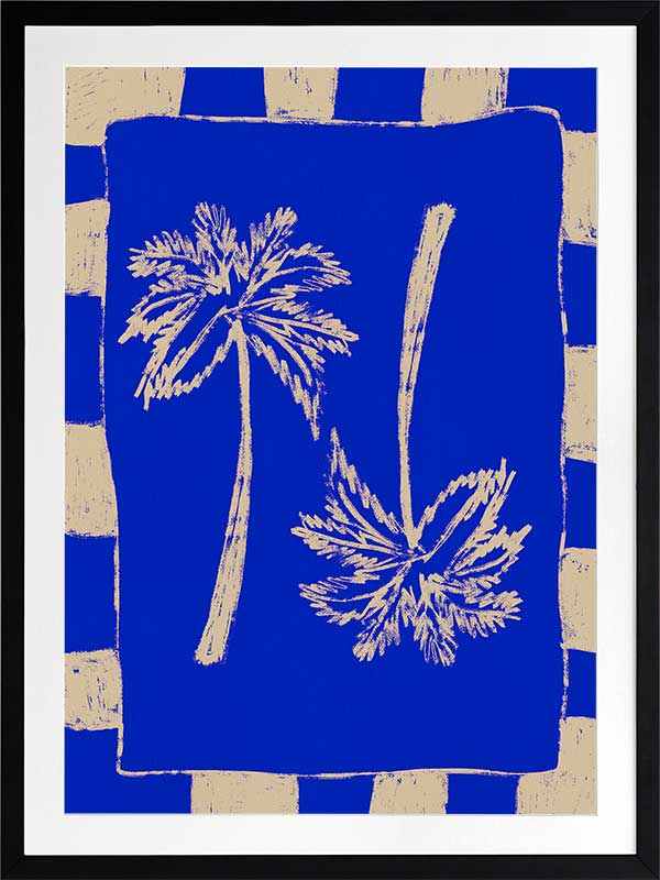 Vibrant coastal-inspired artwork featuring two cream palm trees with sweeping fronds on a bold cobalt blue background with a striped border, from the Shatha collection with Urban Road.