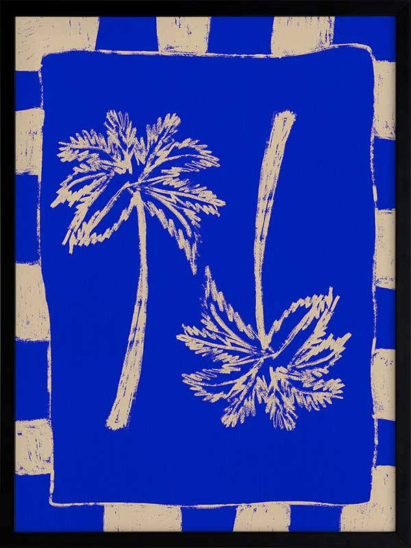 Vibrant coastal-inspired artwork featuring two cream palm trees with sweeping fronds on a bold cobalt blue background with a striped border, from the Shatha collection with Urban Road.