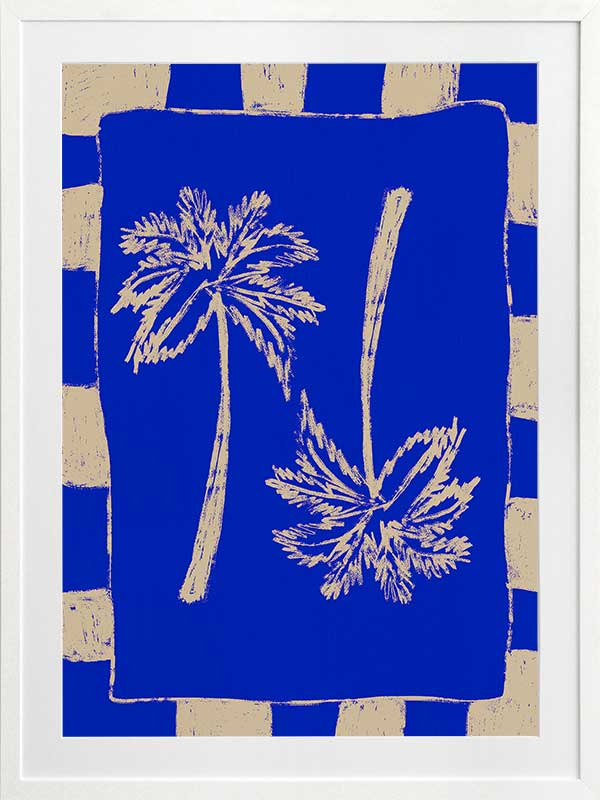 Vibrant coastal-inspired artwork featuring two cream palm trees with sweeping fronds on a bold cobalt blue background with a striped border, from the Shatha collection with Urban Road.