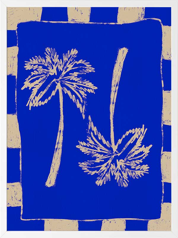 Vibrant coastal-inspired artwork featuring two cream palm trees with sweeping fronds on a bold cobalt blue background with a striped border, from the Shatha collection with Urban Road.