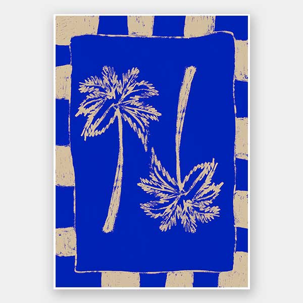 Vibrant coastal-inspired artwork featuring two cream palm trees with sweeping fronds on a bold cobalt blue background with a striped border, from the Shatha collection with Urban Road.
