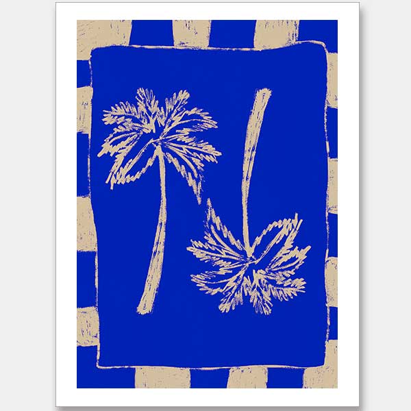Vibrant coastal-inspired artwork featuring two cream palm trees with sweeping fronds on a bold cobalt blue background with a striped border, from the Shatha collection with Urban Road.