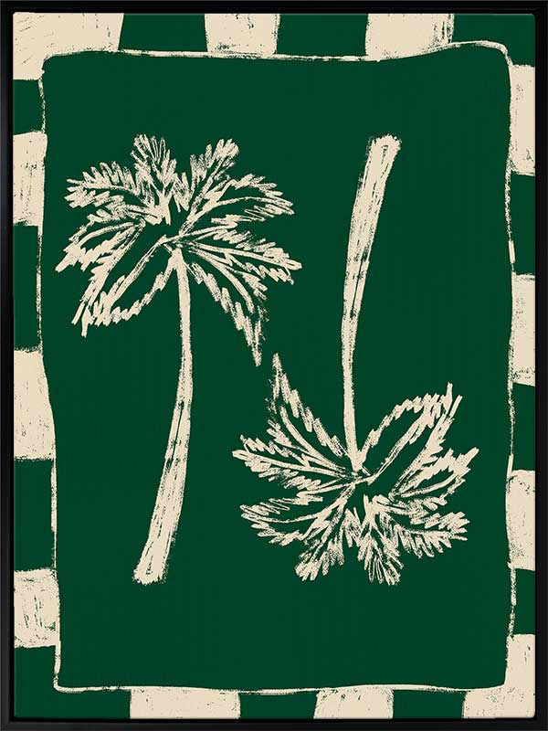 Tropical-themed piece with dual cream palm trees against a deep forest green backdrop, framed by alternating green and beige stripes, from the Shatha collection with Urban Road.