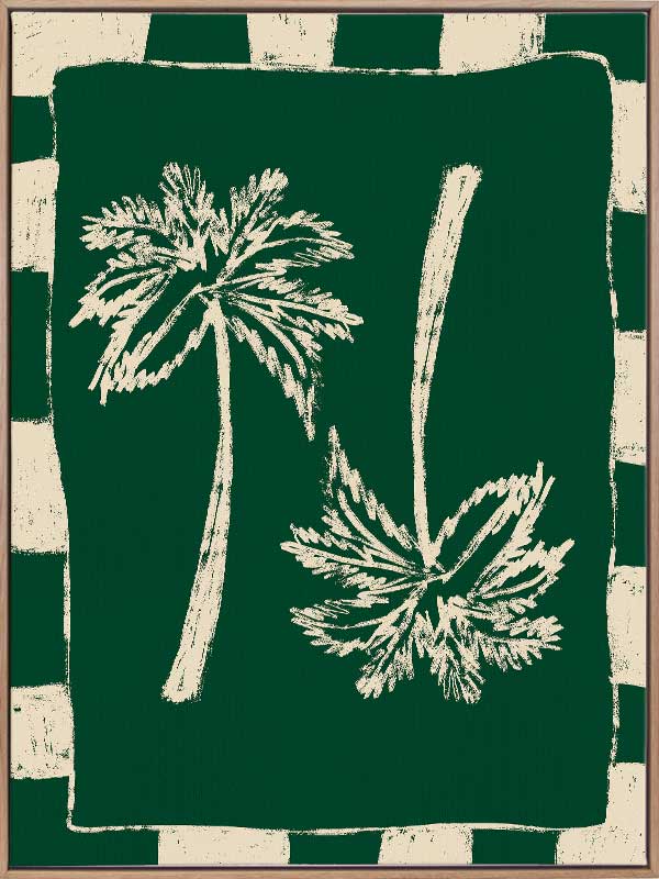 Tropical-themed piece with dual cream palm trees against a deep forest green backdrop, framed by alternating green and beige stripes, from the Shatha collection with Urban Road.