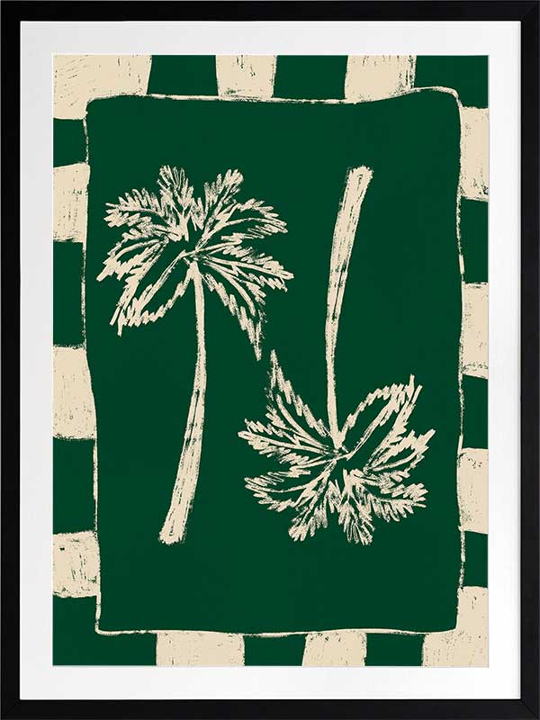 Tropical-themed piece with dual cream palm trees against a deep forest green backdrop, framed by alternating green and beige stripes, from the Shatha collection with Urban Road.