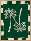 Tropical-themed piece with dual cream palm trees against a deep forest green backdrop, framed by alternating green and beige stripes, from the Shatha collection with Urban Road.