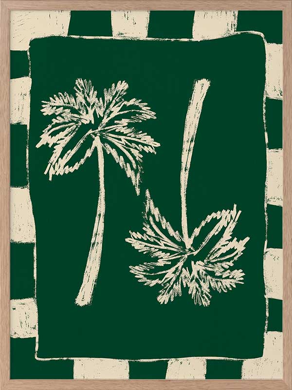 Tropical-themed piece with dual cream palm trees against a deep forest green backdrop, framed by alternating green and beige stripes, from the Shatha collection with Urban Road.