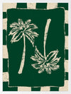 Tropical-themed piece with dual cream palm trees against a deep forest green backdrop, framed by alternating green and beige stripes, from the Shatha collection with Urban Road.