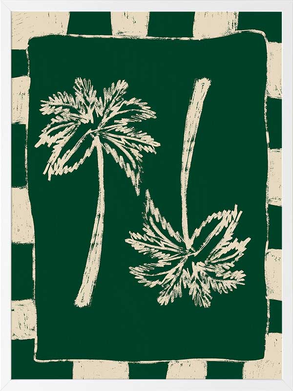 Tropical-themed piece with dual cream palm trees against a deep forest green backdrop, framed by alternating green and beige stripes, from the Shatha collection with Urban Road.