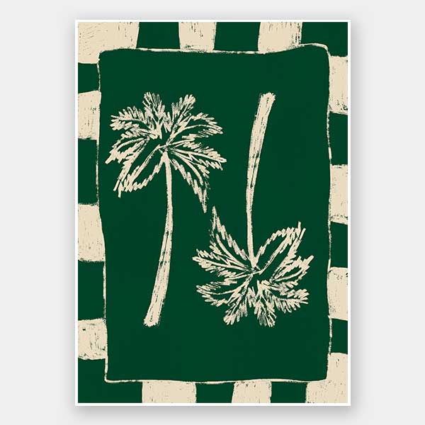 Tropical-themed piece with dual cream palm trees against a deep forest green backdrop, framed by alternating green and beige stripes, from the Shatha collection with Urban Road.