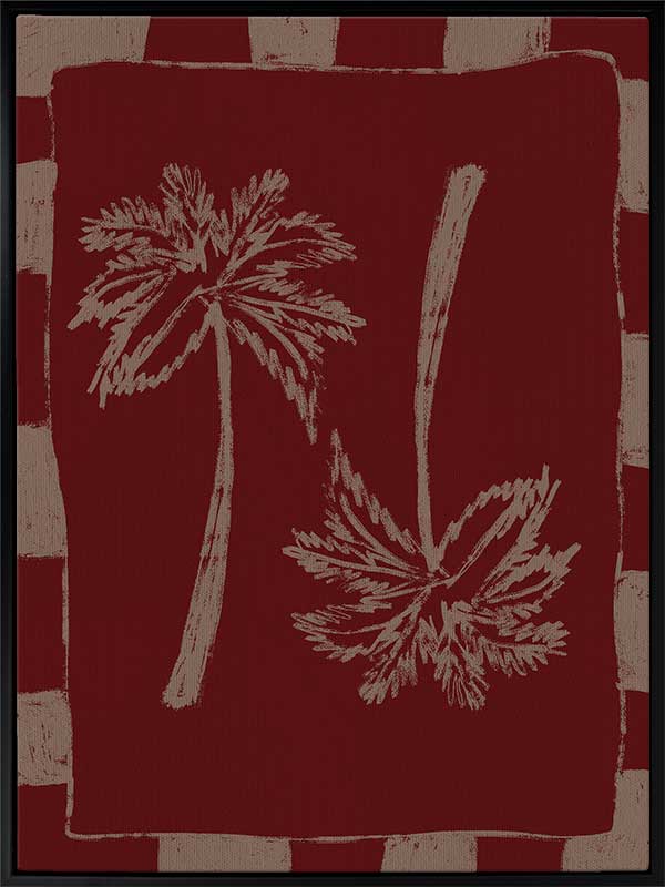 Richly toned composition of mirrored cream palm trees on a burgundy base with a deep red and beige striped frame, from the Shatha collection with Urban Road.