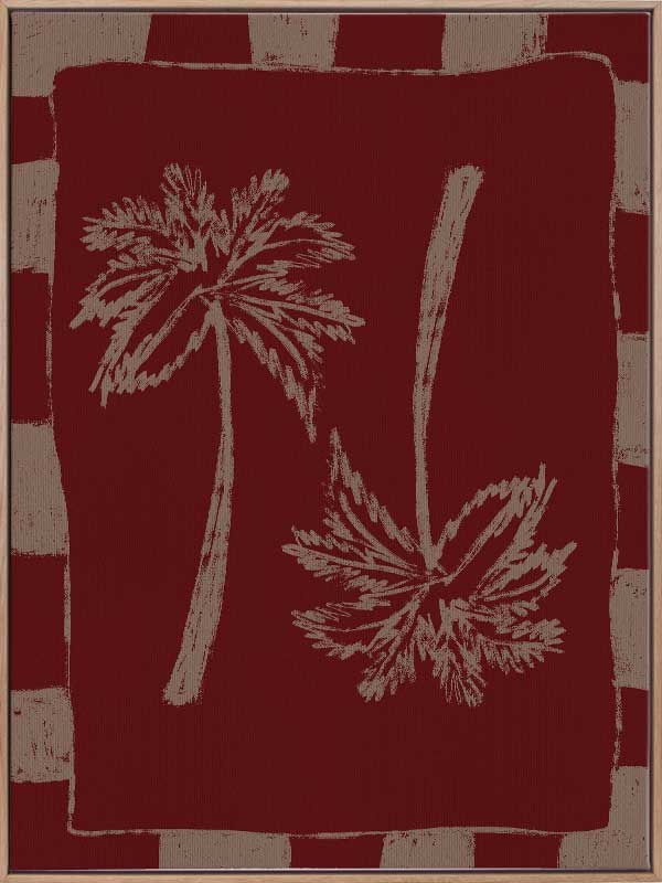 Richly toned composition of mirrored cream palm trees on a burgundy base with a deep red and beige striped frame, from the Shatha collection with Urban Road.
