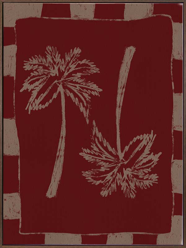 Richly toned composition of mirrored cream palm trees on a burgundy base with a deep red and beige striped frame, from the Shatha collection with Urban Road.