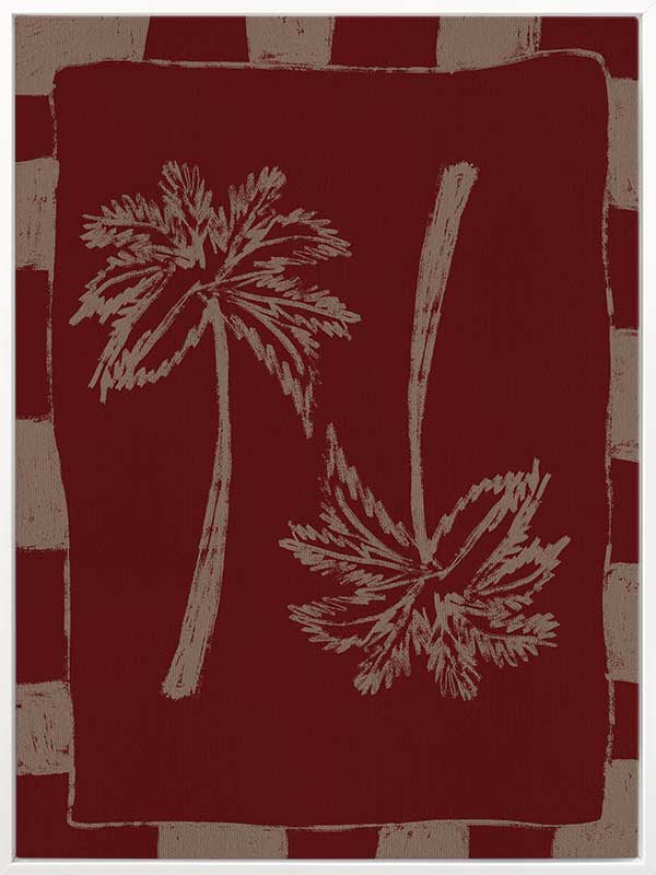 Richly toned composition of mirrored cream palm trees on a burgundy base with a deep red and beige striped frame, from the Shatha collection with Urban Road.