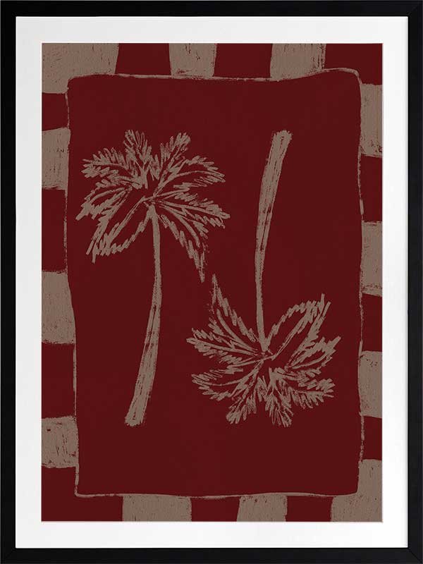 Richly toned composition of mirrored cream palm trees on a burgundy base with a deep red and beige striped frame, from the Shatha collection with Urban Road.