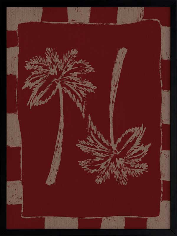 Richly toned composition of mirrored cream palm trees on a burgundy base with a deep red and beige striped frame, from the Shatha collection with Urban Road.