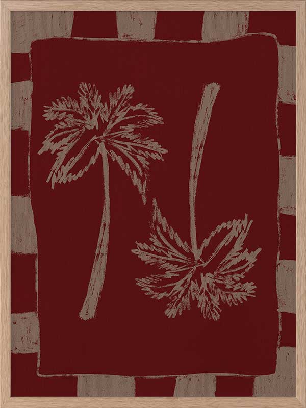 Richly toned composition of mirrored cream palm trees on a burgundy base with a deep red and beige striped frame, from the Shatha collection with Urban Road.