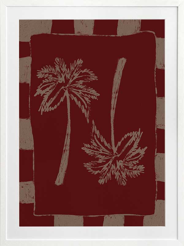 Richly toned composition of mirrored cream palm trees on a burgundy base with a deep red and beige striped frame, from the Shatha collection with Urban Road.