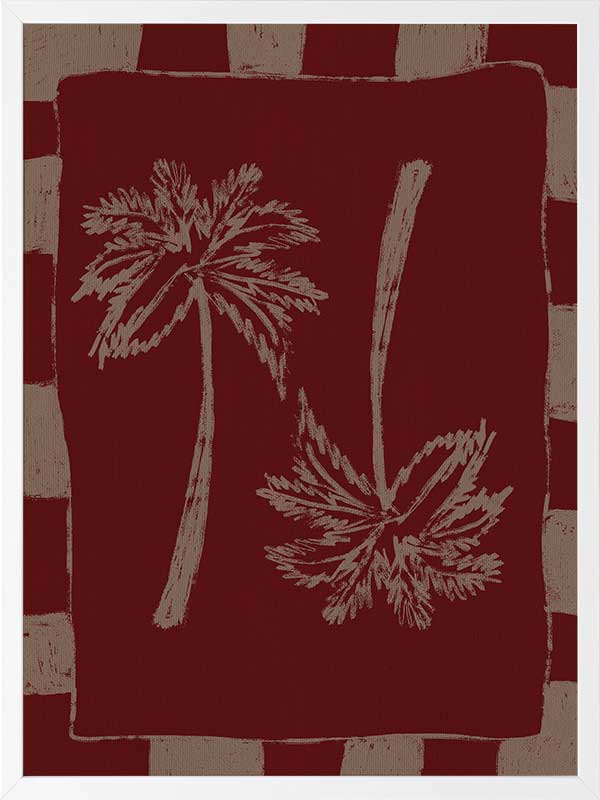 Richly toned composition of mirrored cream palm trees on a burgundy base with a deep red and beige striped frame, from the Shatha collection with Urban Road.