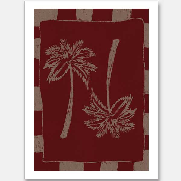 Richly toned composition of mirrored cream palm trees on a burgundy base with a deep red and beige striped frame, from the Shatha collection with Urban Road.