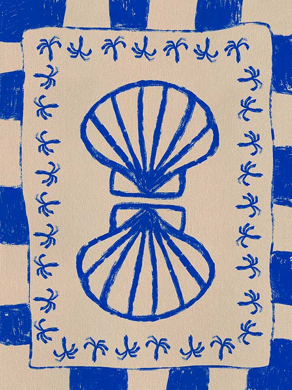 Symmetrical blue shell motif with palm-like flourishes, framed by a blue and cream checkered border on a neutral base, from the Shatha collection with Urban Road.