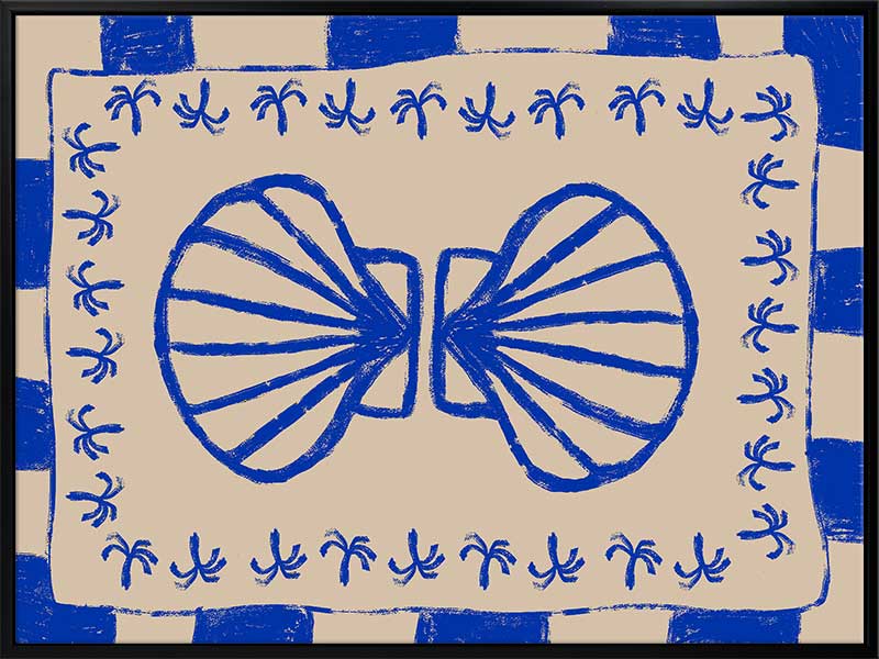 Symmetrical blue shell motif with palm-like flourishes, framed by a blue and cream checkered border on a neutral base, from the Shatha collection with Urban Road.