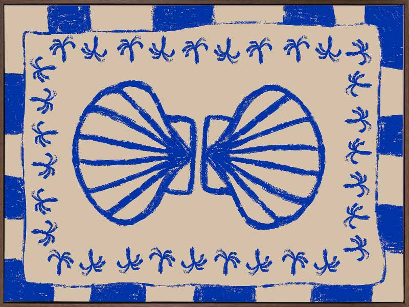 Symmetrical blue shell motif with palm-like flourishes, framed by a blue and cream checkered border on a neutral base, from the Shatha collection with Urban Road.