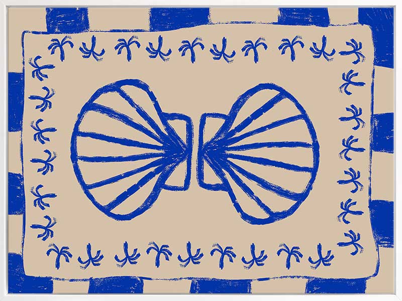 Symmetrical blue shell motif with palm-like flourishes, framed by a blue and cream checkered border on a neutral base, from the Shatha collection with Urban Road.