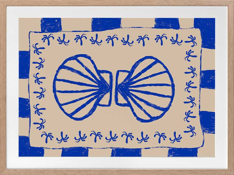Symmetrical blue shell motif with palm-like flourishes, framed by a blue and cream checkered border on a neutral base, from the Shatha collection with Urban Road.