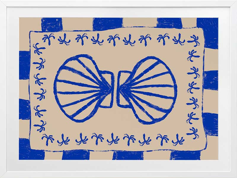 Symmetrical blue shell motif with palm-like flourishes, framed by a blue and cream checkered border on a neutral base, from the Shatha collection with Urban Road.