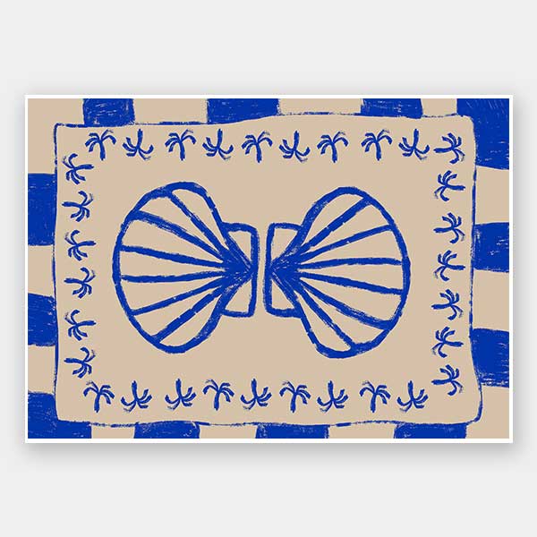 Symmetrical blue shell motif with palm-like flourishes, framed by a blue and cream checkered border on a neutral base, from the Shatha collection with Urban Road.