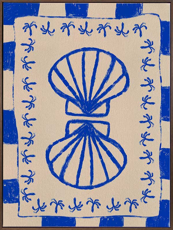 Symmetrical blue shell motif with palm-like flourishes, framed by a blue and cream checkered border on a neutral base, from the Shatha collection with Urban Road.