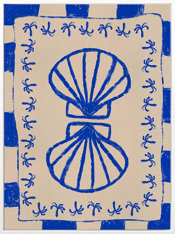 Symmetrical blue shell motif with palm-like flourishes, framed by a blue and cream checkered border on a neutral base, from the Shatha collection with Urban Road.