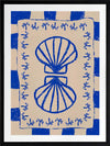 Symmetrical blue shell motif with palm-like flourishes, framed by a blue and cream checkered border on a neutral base, from the Shatha collection with Urban Road.