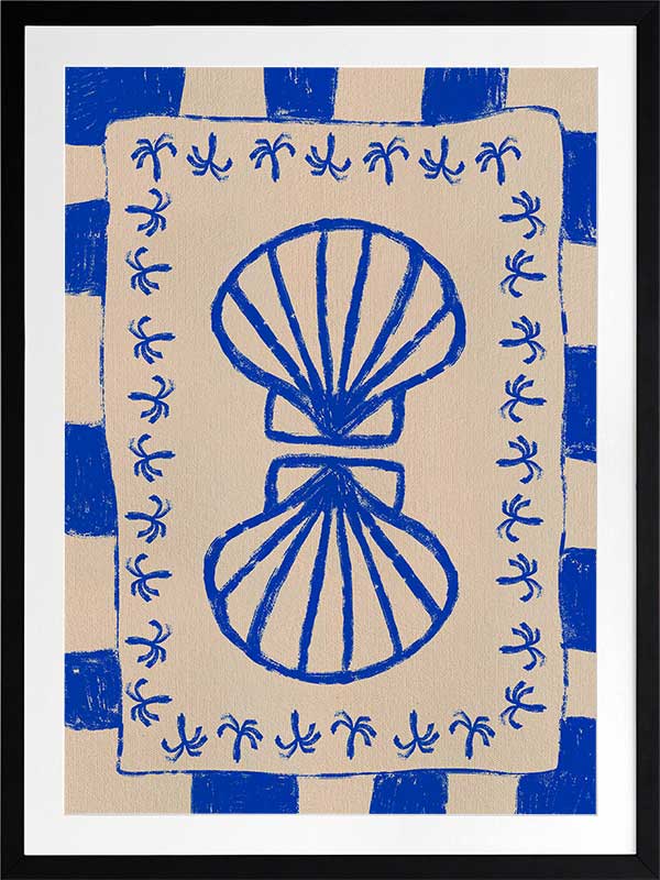 Symmetrical blue shell motif with palm-like flourishes, framed by a blue and cream checkered border on a neutral base, from the Shatha collection with Urban Road.
