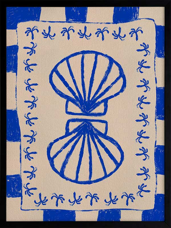 Symmetrical blue shell motif with palm-like flourishes, framed by a blue and cream checkered border on a neutral base, from the Shatha collection with Urban Road.