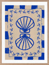 Symmetrical blue shell motif with palm-like flourishes, framed by a blue and cream checkered border on a neutral base, from the Shatha collection with Urban Road.