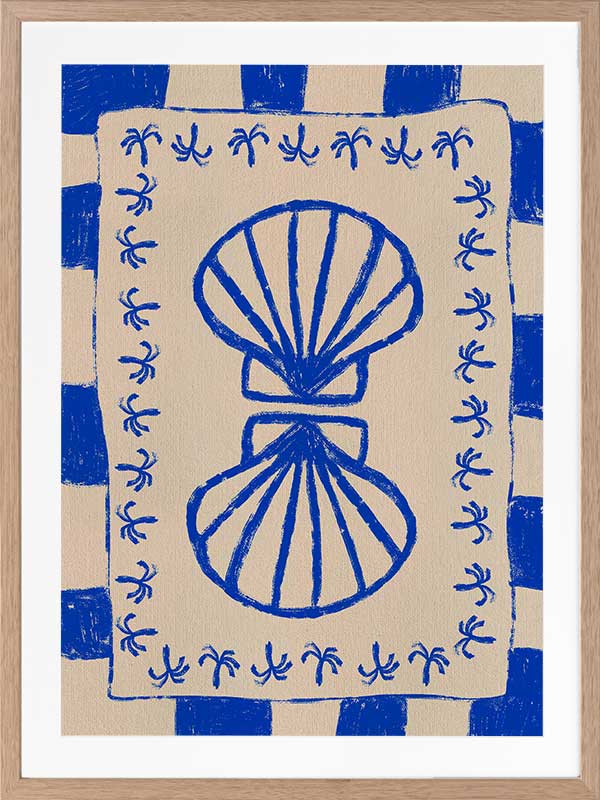 Symmetrical blue shell motif with palm-like flourishes, framed by a blue and cream checkered border on a neutral base, from the Shatha collection with Urban Road.
