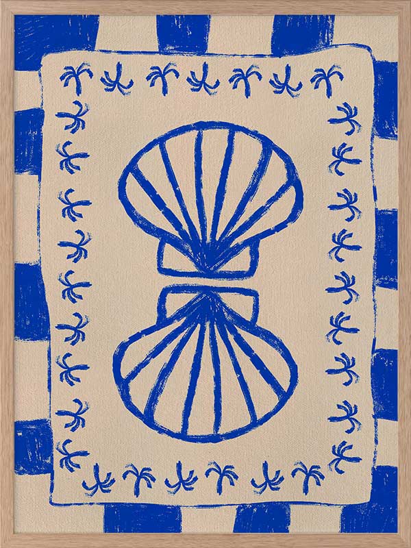 Symmetrical blue shell motif with palm-like flourishes, framed by a blue and cream checkered border on a neutral base, from the Shatha collection with Urban Road.