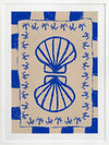 Symmetrical blue shell motif with palm-like flourishes, framed by a blue and cream checkered border on a neutral base, from the Shatha collection with Urban Road.