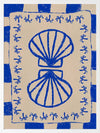 Symmetrical blue shell motif with palm-like flourishes, framed by a blue and cream checkered border on a neutral base, from the Shatha collection with Urban Road.