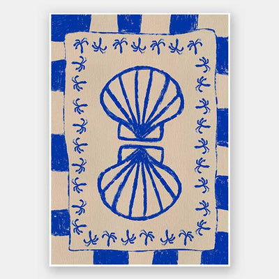 Symmetrical blue shell motif with palm-like flourishes, framed by a blue and cream checkered border on a neutral base, from the Shatha collection with Urban Road.