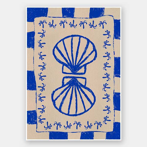 Symmetrical blue shell motif with palm-like flourishes, framed by a blue and cream checkered border on a neutral base, from the Shatha collection with Urban Road.