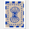 Symmetrical blue shell motif with palm-like flourishes, framed by a blue and cream checkered border on a neutral base, from the Shatha collection with Urban Road.