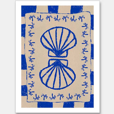 Symmetrical blue shell motif with palm-like flourishes, framed by a blue and cream checkered border on a neutral base, from the Shatha collection with Urban Road.